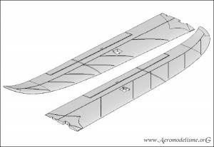 4) Croquis représentant les deux plans de l'aile du planeur hotliner "Blizzard de Multiplex" conçu en mousse "Elapor" : les rainures dessinées et de couleur noire, dans le sens oblique et suivant la longueur de l'aile, sont prévues pour maintenir des joncs en carbone, ceux-ci à coller bien entendu une fois en place.